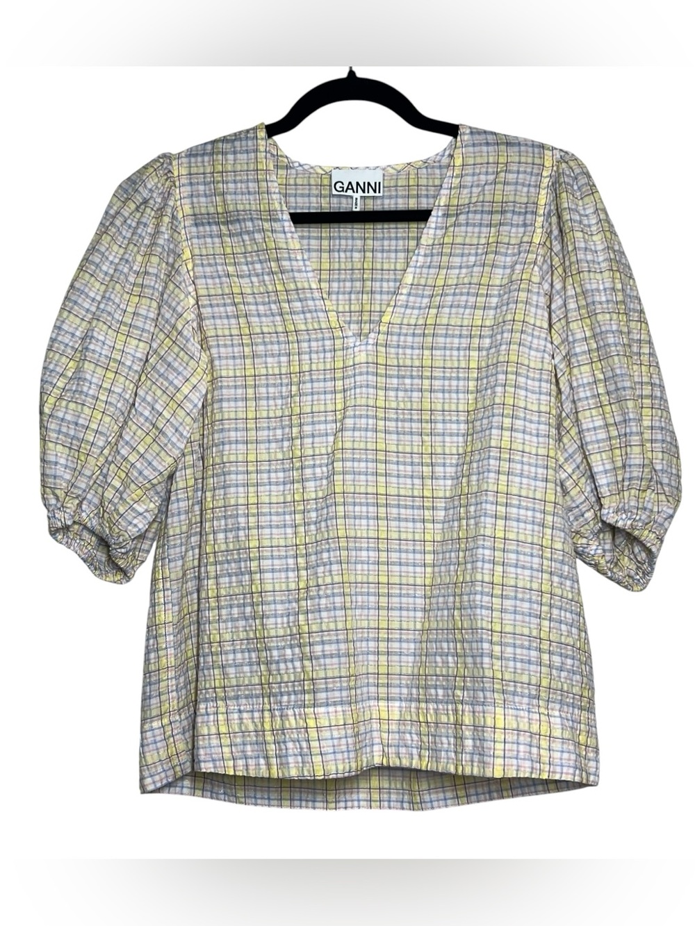 GANNI Top Womens Size 36 Pastel Seersucker V Neck Puff Sleeve Blouse Boxy Fit
